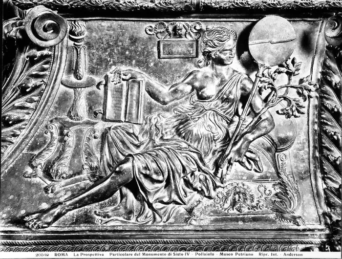 Framed Print : Bronze bas-relief with Allegory of Perspective. Detail of the monument to Pope Sisto IV. Vatican Grottoes, Vatica City. The entire monument is a work by Antonio del Pollaiolo