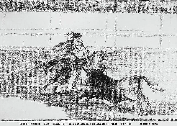 Bull attacking a mounted knight, drawing by Goya, in the Prado Museum in Madrid