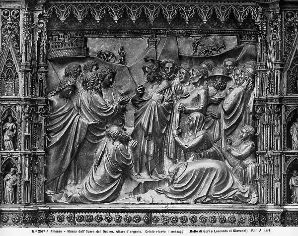 Christ receiving John's messengers, detail by Betto di Geri and Leonardo di Ser Giovanni, part of the silver altar of the Baptistry of San Giovanni in Florence. Today the work is preserved in the Museum of The Opera del Duomo of S. Maria del Fiore, Florence