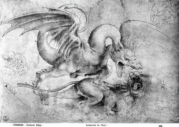 Conflict between a winged dragon and a lion. In the background some other sketches are visible. Drawing by Leonardo da Vinci located in the Room of Drawings and Prints in the Uffizi Museum