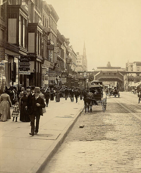 A crowded New York street with numerous carriages and gigs passing by