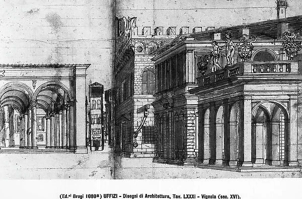 Drawing representing the study of buildings, by Vignola, located at the Uffizi Gallery in Florence