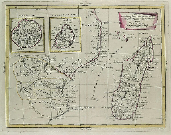 Part of the eastern coast of Africa with the Island of Madagascar and the detailed maps of the islands belonging to France and Bourbon, engraving by G. Zuliani taken from Tome IV of the 'Newest Atlas' published in Venice in 1784 by Antonio Zatta, Private Collection