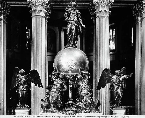 The Eternal Father on the globe supported by the Evangelists. Bronze work by Girolamo Campagna, located on an altar in the Church of San Giorgio Maggiore, in Venice