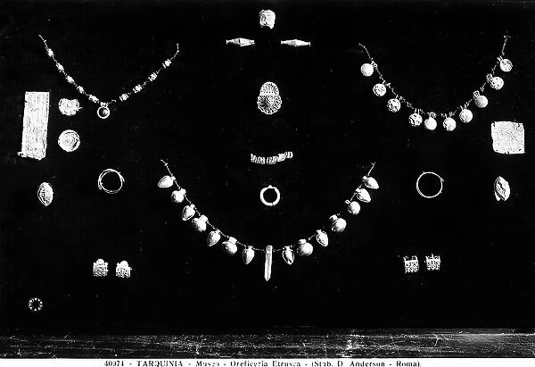 Examples of Etruscan jewelry, in the National Museum of Tarquinia: necklaces, earrings, rings and necklace beads
