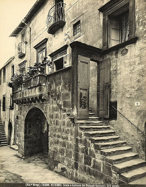 Facade of the Guidacci house in Viterbo with its characteristic external staircase