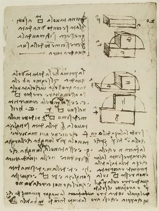 Framed Print : Geometric studies on solid figures, writings belonging to the Codex Forster I, c.20v, by Leonardo da Vinci, housed in the Victoria and Albert Museum in London