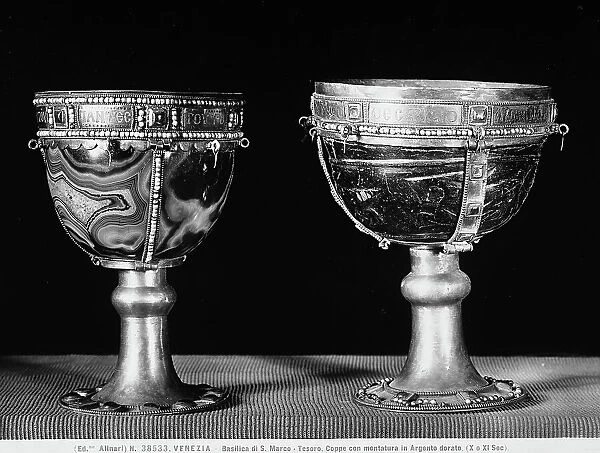 Two goblets made of semi-precious stone, with a gilded silver setting, in the Treasury of St. Mark's Basilica in Venice