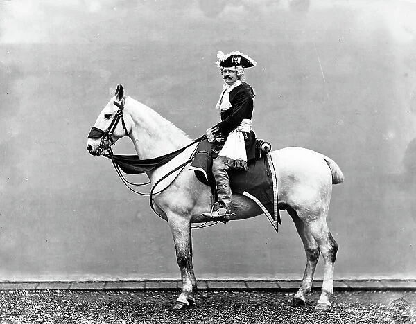 Lieutenant Rossi wearing an 18th century costume, photographed on horseback