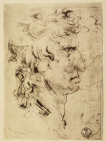 Male profile; pen drawing on white paper by Leonardo da Vinci preserved in the Room of the Drawings and the Prints of the Uffizi in Florence