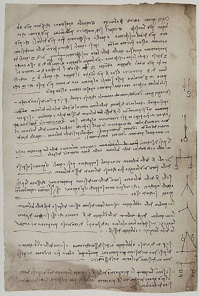 Notes on physics and gravity, written by Leonardo da Vinci, part of the Arundel Codex 263, c.76v, housed in the British Museum of London