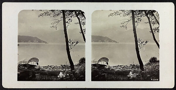 Panorama of Lake Como, with a boat pulled up on the shore; Stereoscopic photograph