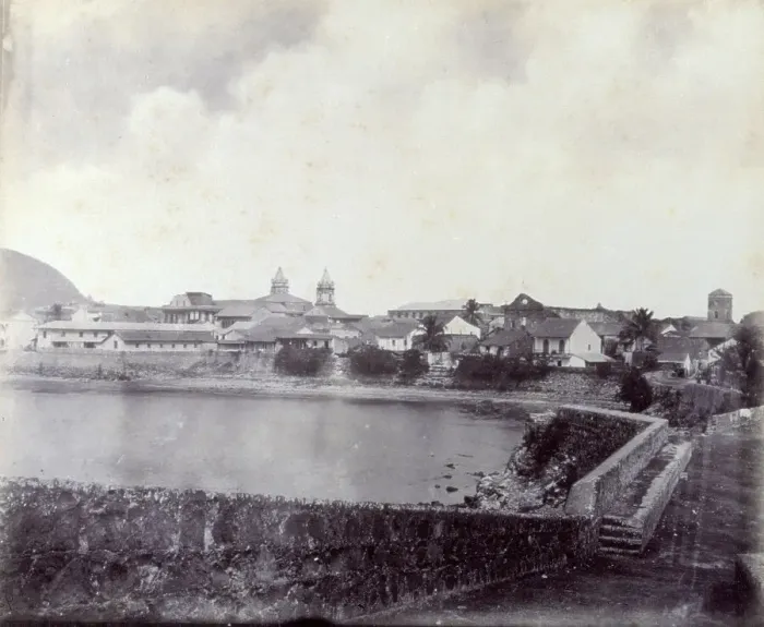 Framed Print : Panoramic view of Panama. In the foreground a stream, beyond which are a group of houses Framed Print : Panoramic view of Panama. In the foreground a stream, beyond which are a group of houses