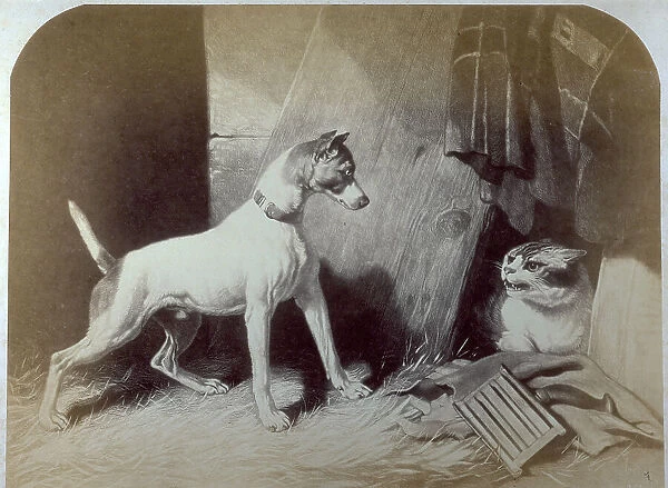 Picture of an engraving of the painting by De Drux entitled Dog and Cat
