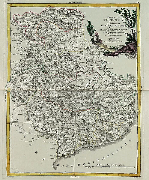 The part of Piedmont that contains the Marquessates of Susa and Saluzzo, the Districts of Lucerne, Cuneo and Mondovi, and the County of Nice, engraving by G. Zuliani taken from Tome II of the 'Newest Atlas' published in Venice in 1782 by Antonio Zatta, Private Collection