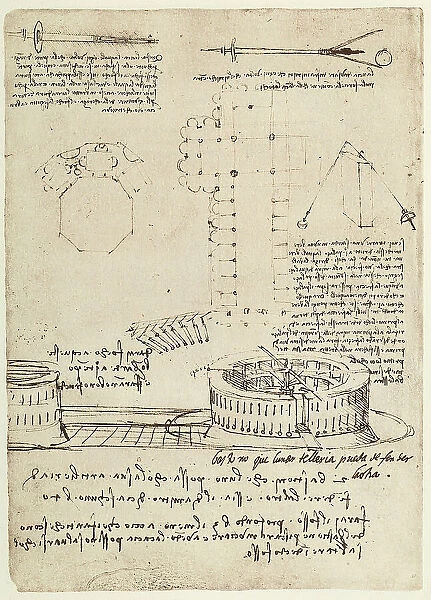 Plan for building a lance, a rampart and bombards, drawing by Leonardo da Vinci, part of the Codex B (2173), c.11v, housed at the Institut de France, Paris