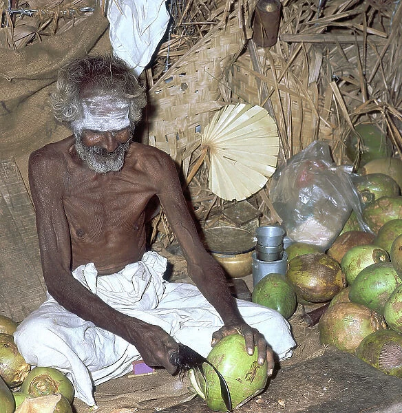 Portrait of an Indian man cutting a mango, island of Gharapuri or Elephanta, state of Maharashtra