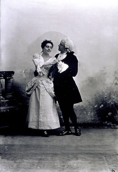 Portrait of the two lyrical singers Gemma Bellincioni and Garbin during a scene of the opera Manon