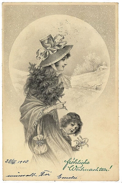 Portrait of a woman with an hat, carrying a fir-tree branch and a little girl in the middle of a winter landscap, Christmas greeting post-card, on the front side a Frhliche Weihnachten!, on the back side the address, the date of dispatch on the postage stamp 23rd of december 1903 and the indication of the city of Vienna as place where the post-card was printed