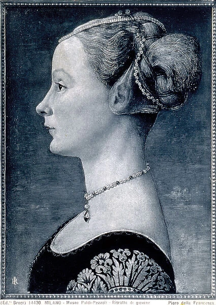 Portrait of a young woman in profile, in the Poldi Pezzoli Museum in Milan. The caption attributing the painting to Piero della Francesca is mistaken. For a long time it was attributed to Antonio del Pollaiolo, but recently it has been attributed to his brother Piero