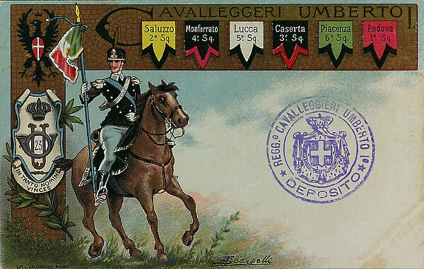 Postcard commemorating the 23 Regiment Cavalry Umberto I, illustration of Tancredi Scarpelli (1866-1937)