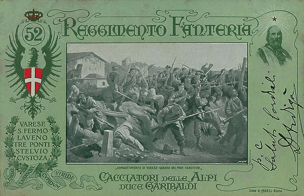 Postcard commemorating the 52 Infantry Regiment 'Cacciatori delle Alpi' (Hunters of the Alps)