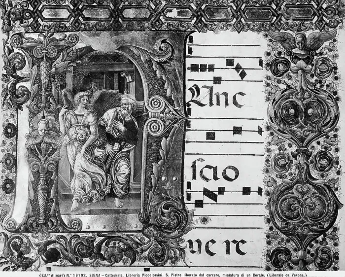 Framed Print : St Peter released from prison. Historiated initial of a Choir Book illustrated by Liberale da Verona and preserved in the Piccolomini Library in Siena