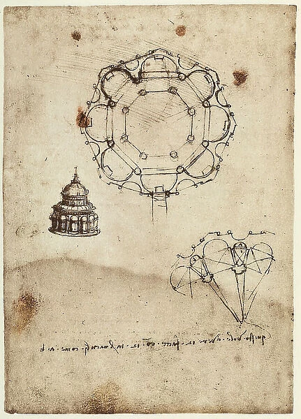Study of building with a central plan; work of Leonardo da Vinci belonging to the Code B (2173), c.56v. preserved at the Institute of France in Paris