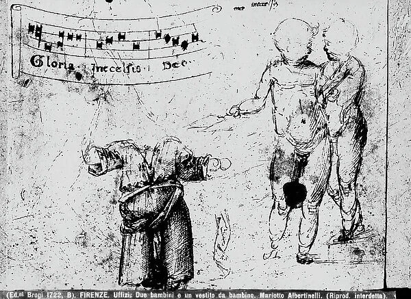 Study of children with musical notes. Drawing by Mariotto Albertinelli, found in the Room of Drawings and Prints at the Uffizi Gallery in Florence