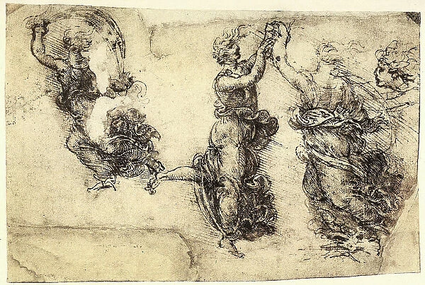 Study of some dancing female figures; pen drawing on paper turned yellow by Leonardo da Vinci and preserved at the Gallery of the Academy, Venice