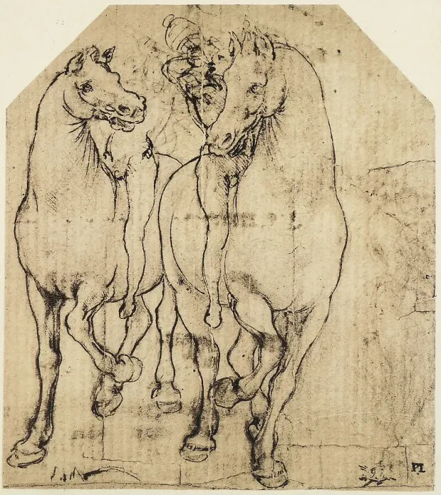 Framed Print : Study of horses and knights, charcoal and pen drawing on paper turned yellow by Leonardo da Vinci and preserved in the Room of the Prints of the British Museum in London