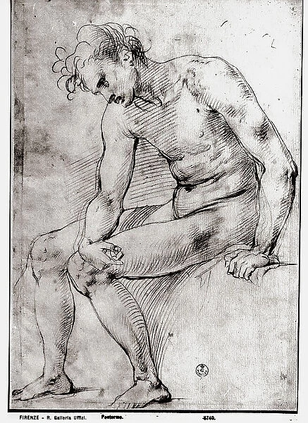 Study of a seated male figure engrossed in thought. Drawing by Pontormo, in the Gabinetto dei Disegni e delle Stampe, at the Uffizi Gallery in Florence