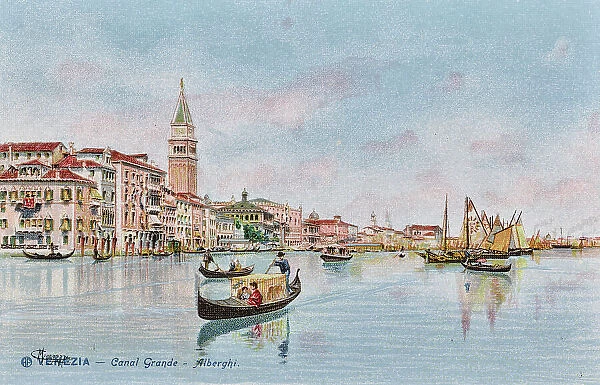 'Venice - Grand Canal - hotels', drawing by Carlo Menegazzi (1856-1920), postcard, color print