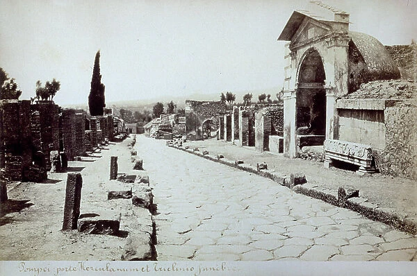 View of the famous Via dei Sepolcri (Street of Tombs) in the archaeological area of Pompeii