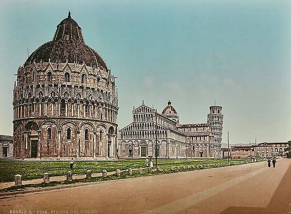 View of Piazza dei Miracoli in Pisa with the Baptistery of San Giovanni, the Duomo (the Cathedral of Santa Maria Assunta) and the Tower