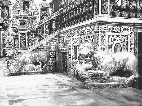 Vittorio Alinari's first journey: two of the four stilofore lions of the pulpit of the Cathedral of Cagliari