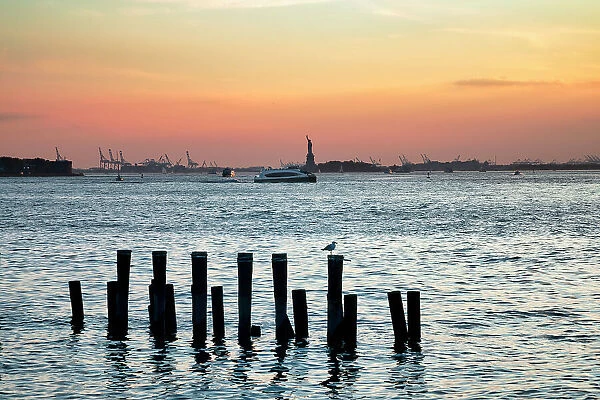 New York City, Brooklyn, Pilings viewed from Pier 1 Salt Marsh at Brooklyn Bride Park