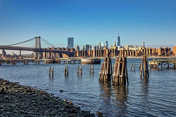New York City, Brooklyn, View of East River and Williamsburg Bridge