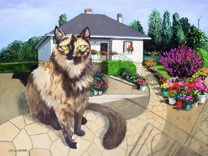 Framed Print : Charming Cat Garden Print Framed Print : Charming Cat Garden Print