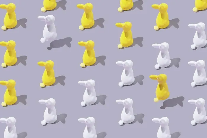 Framed Print : Yellow and White Plastic Bunny Print on Grey Background