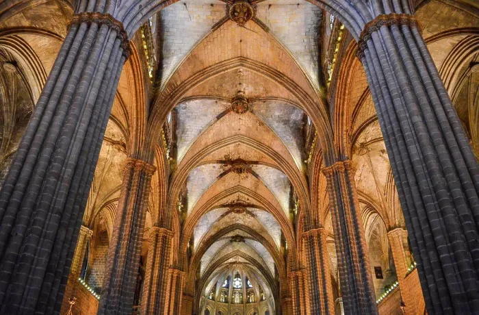 Framed Print : Low Angle Interior Print of Vaulting in Barcelona Cathedral