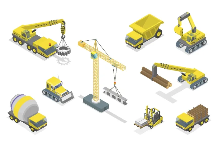 Framed Print : 3D Isometric Flat Print of Construction Equipment