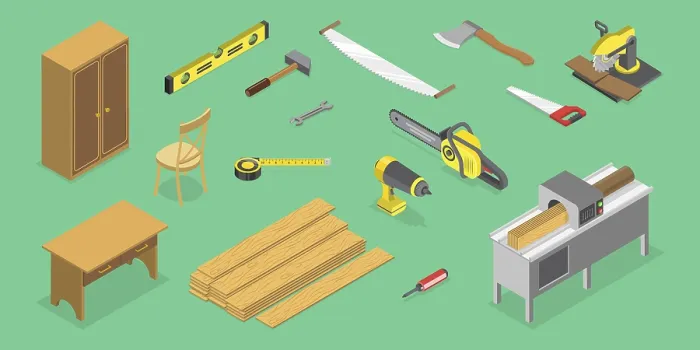 Framed Print : 3D Isometric Flat Vector Print of Carpentry Items Framed Print : 3D Isometric Flat Vector Print of Carpentry Items