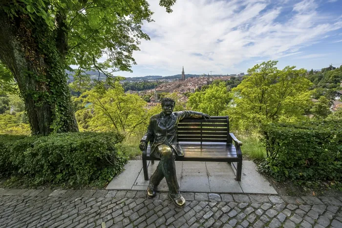Framed Print : Albert Einstein Sitting on a Bench Print, Bern, Switzerland