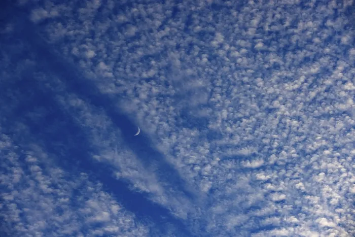 Framed Print : Altocumulus Clouds with Crescent Moon Print, Upper Austria Framed Print : Altocumulus Clouds with Crescent Moon Print, Upper Austria