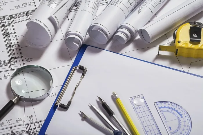 Framed Print : Architect Items on Blueprints Print