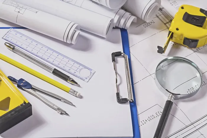 Framed Print : Architect Tools on Blueprints Print Framed Print : Architect Tools on Blueprints Print