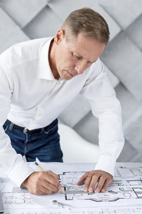 Framed Print : Architect Working Complex Plan Print Framed Print : Architect Working Complex Plan Print