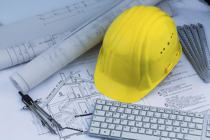 Framed Print : Architect's Construction Plan Print with Builder's Helmet Framed Print : Architect's Construction Plan Print with Builder's Helmet