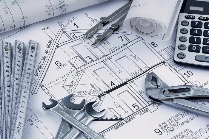 Framed Print : An Architect's Construction Plan Print with Calculator Framed Print : An Architect's Construction Plan Print with Calculator